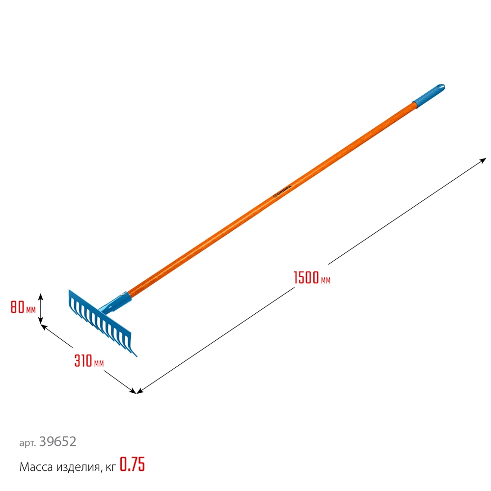 GRINDA  PR-12S FIBER, 310 х 80 х 1500 мм, 12 прямых зубцов, углеродистая сталь, фибергласовый черенок, садовые грабли, PROLine (39652) 39652