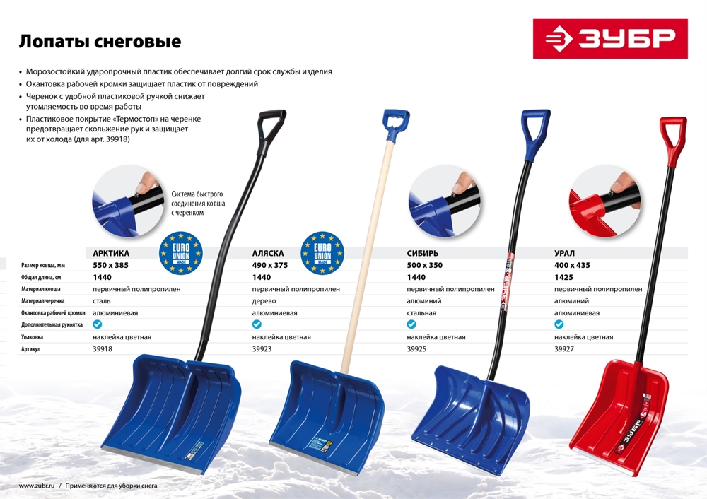 ЗУБР  УРАЛ, ширина 400 мм, пластиковая, со стальной планкой, эргономичный алюминиевый черенок, V-ручка, снеговая лопата (39927) 39927