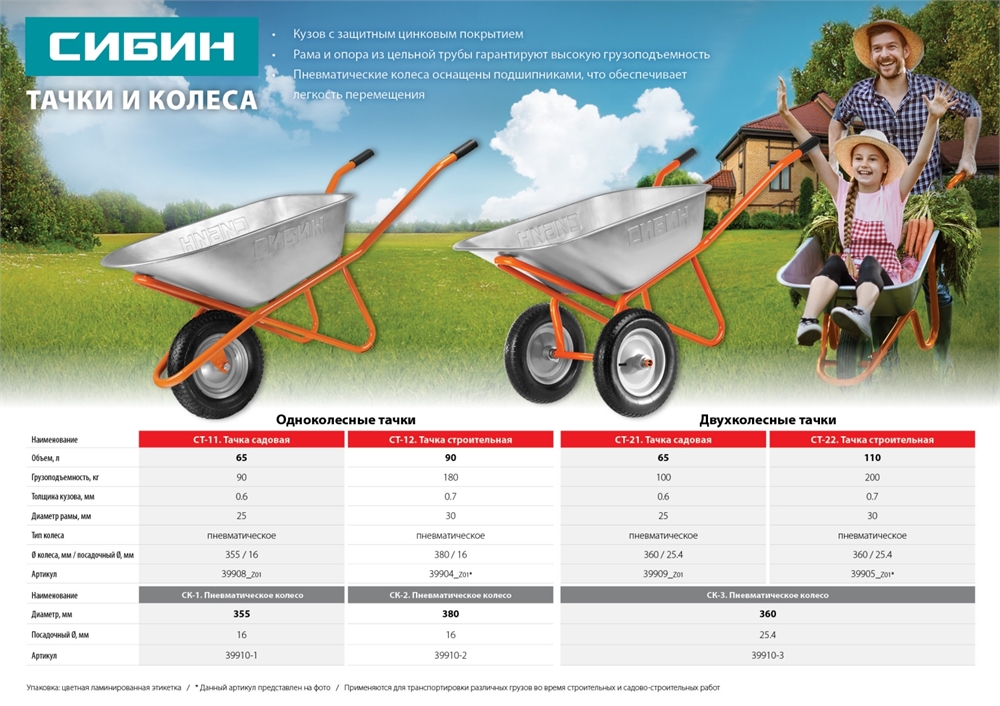 СИБИН  СТ-12, 90 л, 180 кг, одноколесная, оцинкованная сталь, строительная тачка (39904) 39904_z01