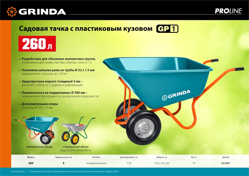 GRINDA  GP-1, кузов увеличенного объема 260 л, г/п 120 кг, ударопрочный пластик, PROLine (422401) 422401