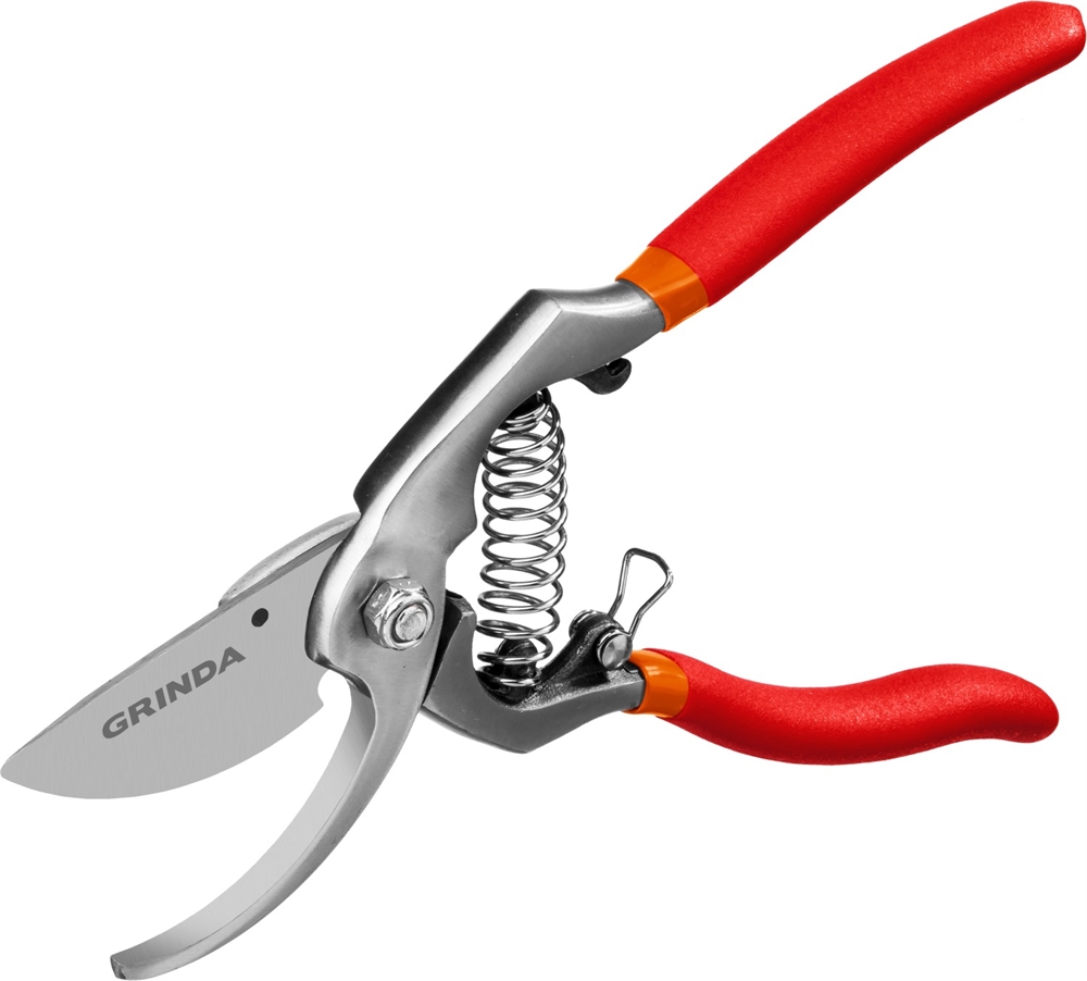 GRINDA  G-7, 210 мм, высокоуглеродистая сталь, направленное под углом лезвие, цельнокованый, покрытие ПВХ, плоскостной секатор (423107) 423107