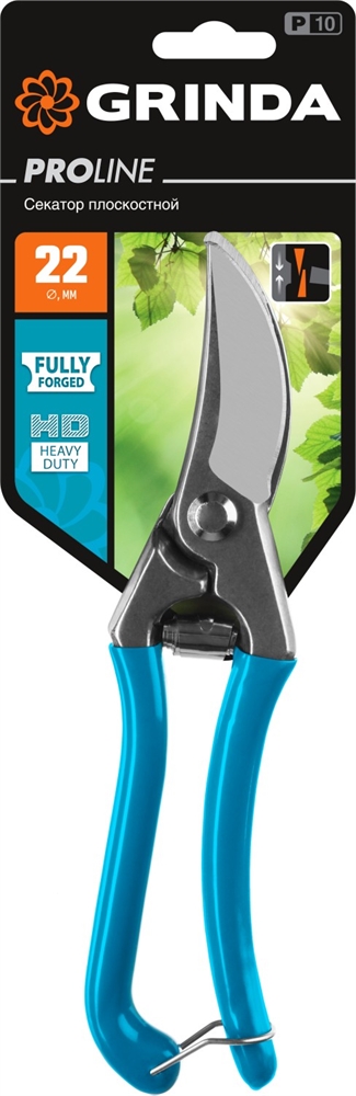 GRINDA  P-10, 210 мм, цельнокованые лезвия, стальные рукоятки, покрытие ПВХ, плоскостной секатор, PROLine (423410) 423410