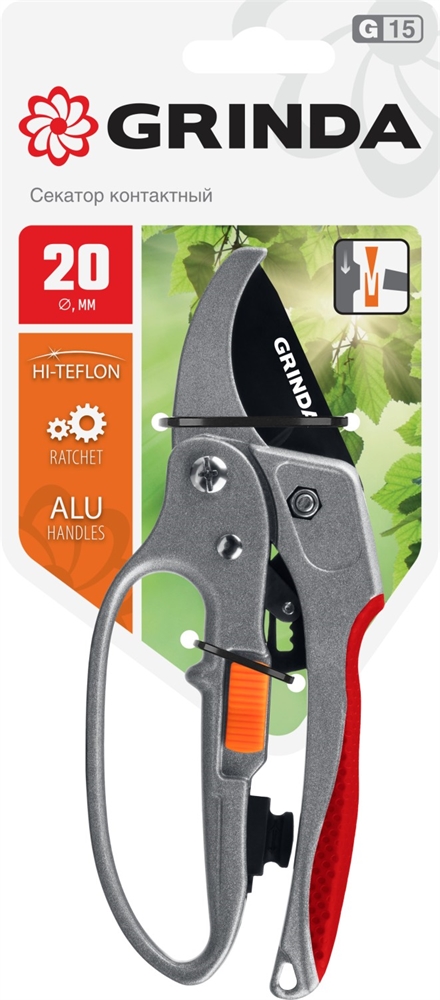 GRINDA  G-15, 200 мм, стальные лезвия, храповый механизм, с эфесом, с алюминиевыми рукоятками, контактный секатор (8-423034) 8-423034_z01