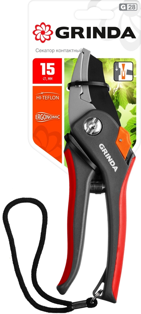 GRINDA  G-28, 205 мм, углеродистая сталь, закаленные лезвия, тефлоновое покрытие, двухкомпонентные рукоятки, контактный секатор (8-423203) 8-423203_z02