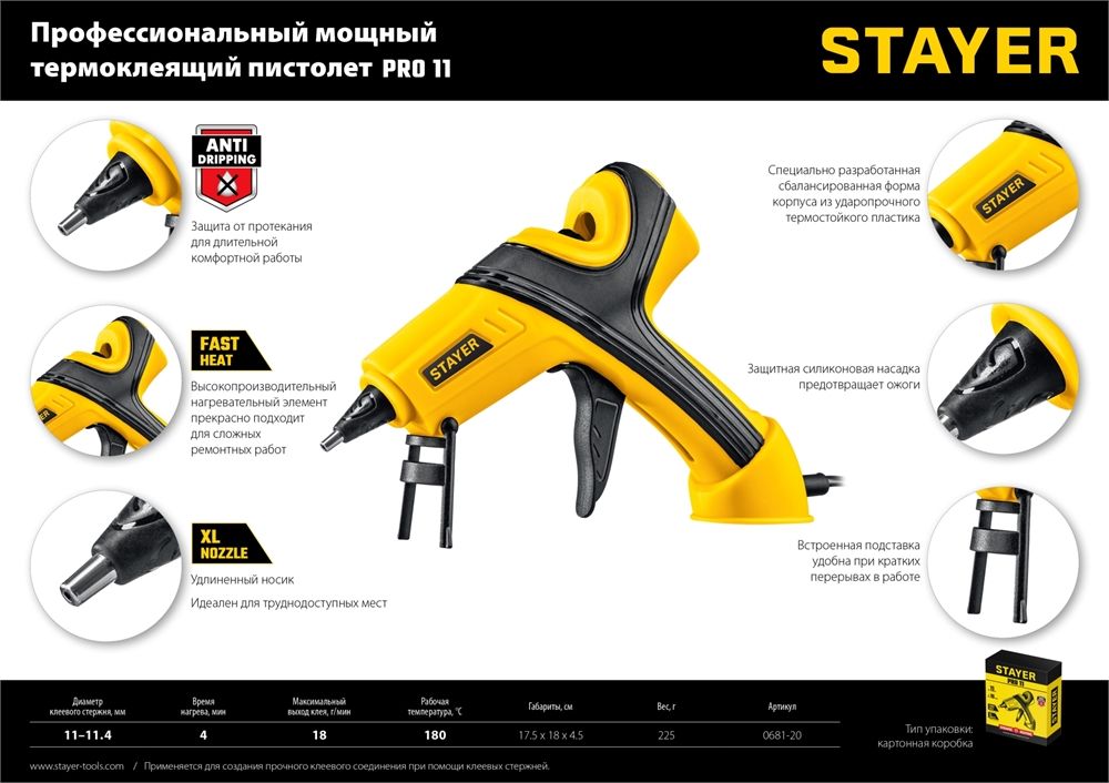 STAYER  PRO 11, d 11 мм, 18 г/мин, электрический, пистолет термоклеевой, Professional (0681-20) 0681-20