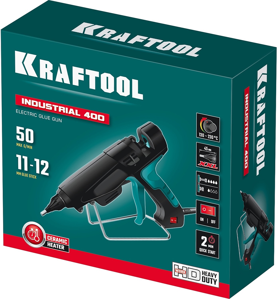 KRAFTOOL  Industrial 400, d 11 - 12 мм, 50 г/мин, 130 - 230°C, электрический термоклеевой пистолет (06843-300-12) 06843-300-12