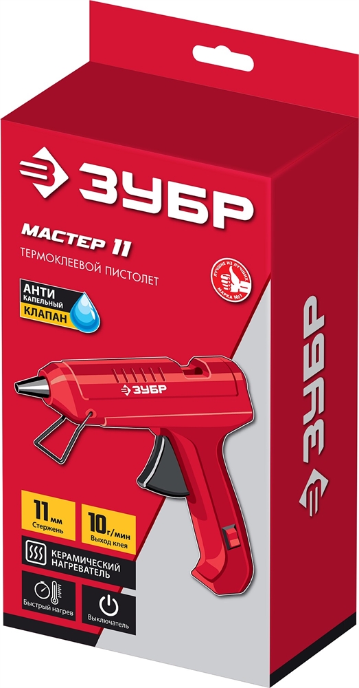 ЗУБР  d 11 мм, выход клея 10 г/мин, электрический термоклеевой пистолет (06851-11) 06851-11