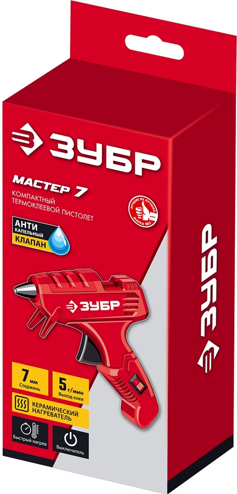 ЗУБР  d 7 мм, выход клея 5 г/мин, электрический термоклеевой пистолет (06851-7) 06851-7