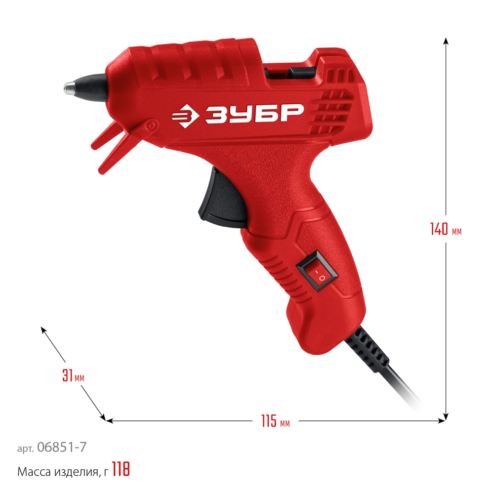 ЗУБР  d 7 мм, выход клея 5 г/мин, электрический термоклеевой пистолет (06851-7) 06851-7