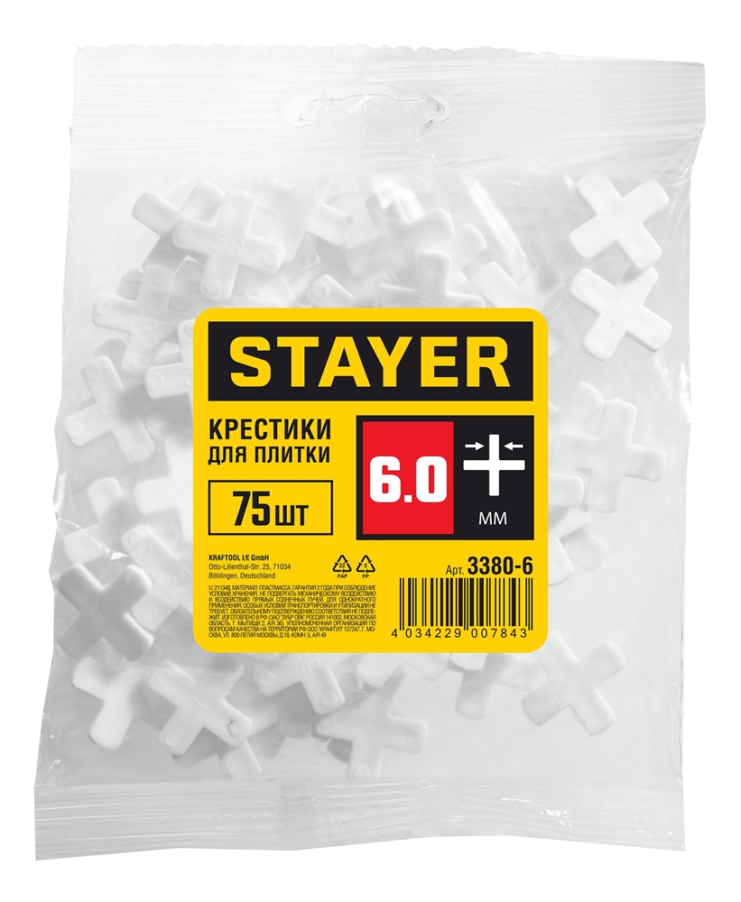 STAYER  6 мм, 75 шт, крестики для плитки (3380-6) 3380-6