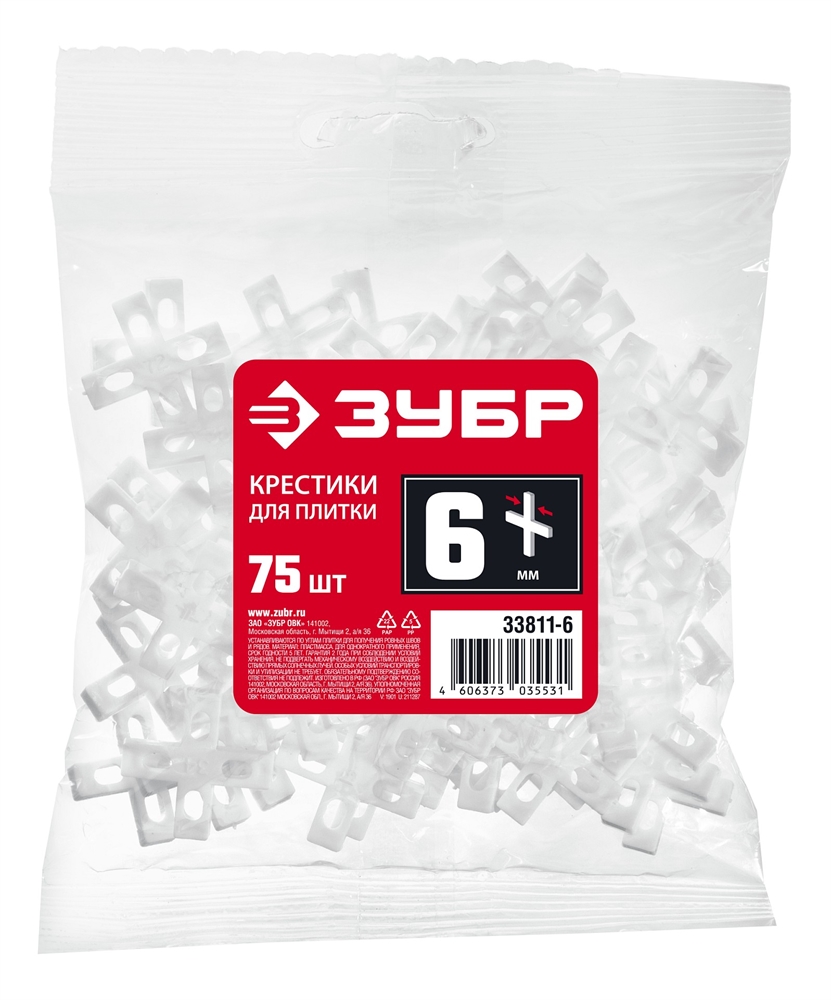 ЗУБР  6 мм, 75 шт, крестики для плитки (33811-6) 33811-6