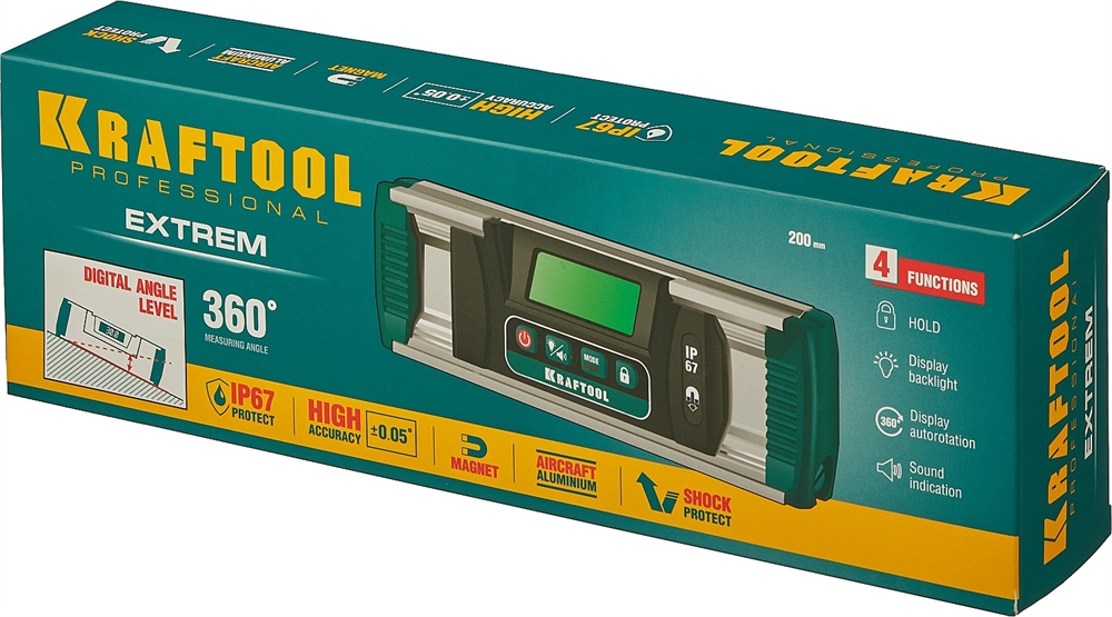 KRAFTOOL  EXTREM, 0 - 360°, точность 0.05°, HOLD, IP67, электронный уровень-уклономер (34686) 34686