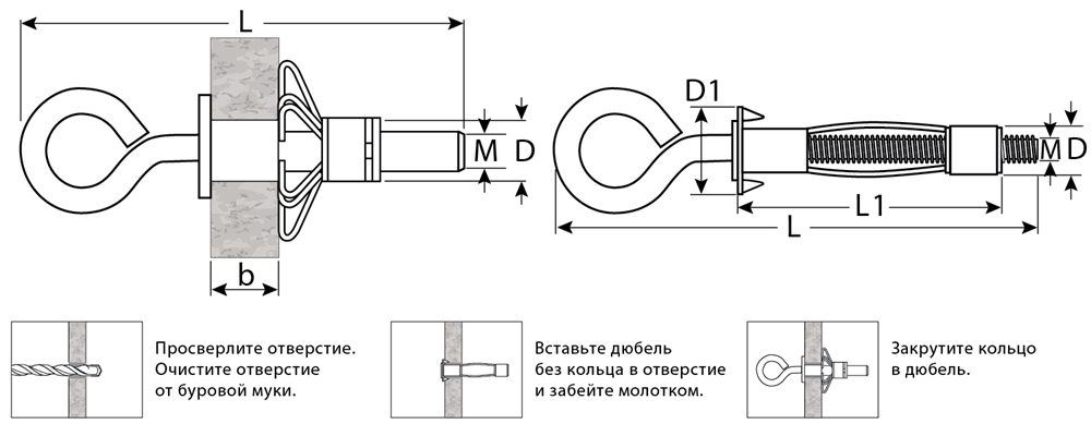 ЗУБР  МОЛЛИ, М4 х 32 х 8 мм, 100 шт, анкер с кольцом для пустотелых конструкций (302532-04-032) 302532-04-032
