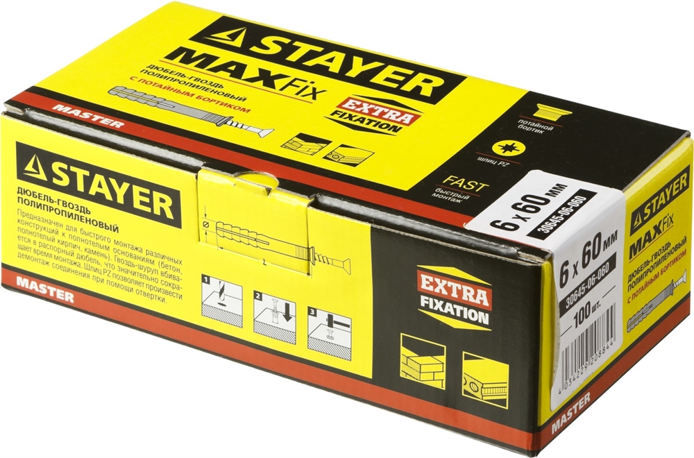 STAYER  6 х 60 мм, потайной бортик, 100 шт, дюбель-гвоздь (30645-06-060) 30645-06-060