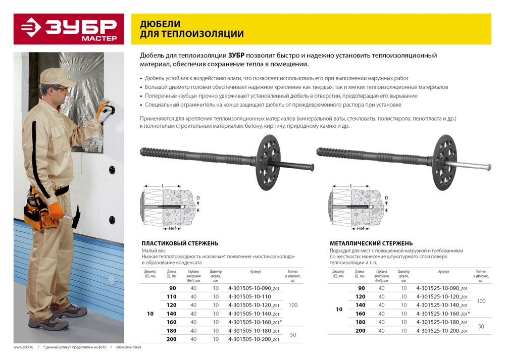 ЗУБР  10 х 180 мм, металлический стержень, 50 шт, дюбель для изоляционных материалов (4-301525-10-180) 4-301525-10-180_z01