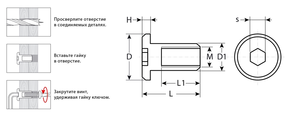 ЗУБР  M6 x 12 мм, шест. 4 мм, цинк, 5 кг, гайка Эриксона с плоской головкой, Профессионал (303770-4) 303770-4