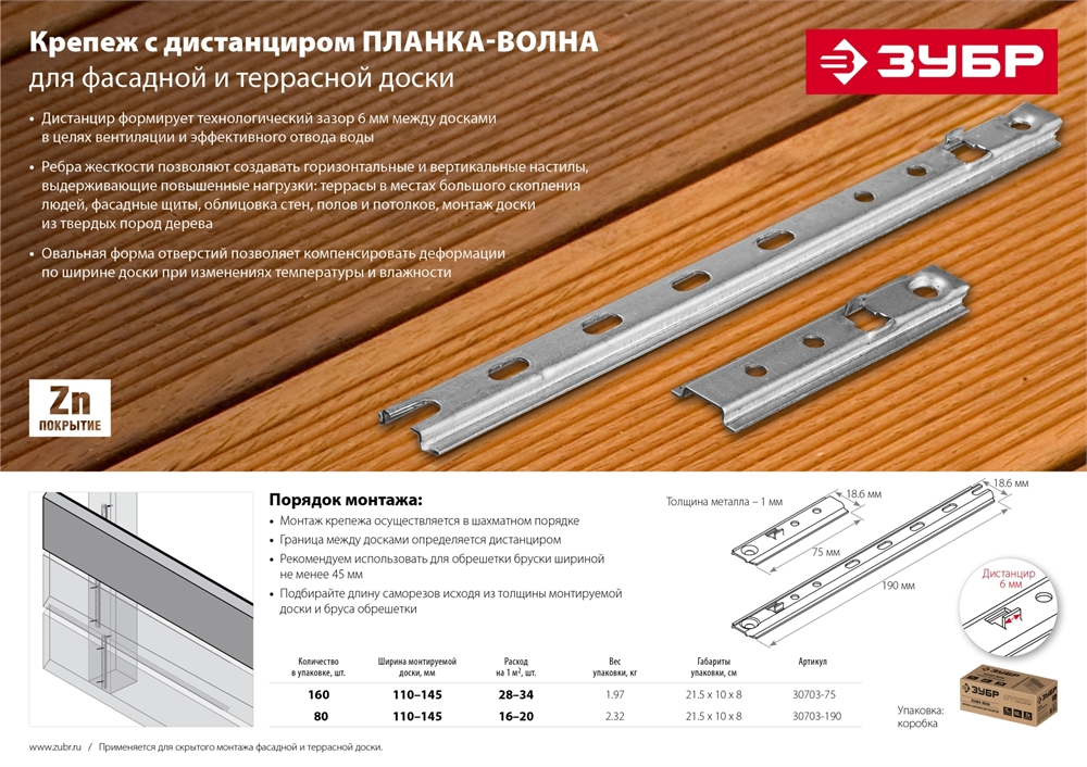 ЗУБР  Планка-Волна, 75 мм, цинк, 160 шт, крепеж для монтажа фасадной и террасной доски (30703-75) 30703-75