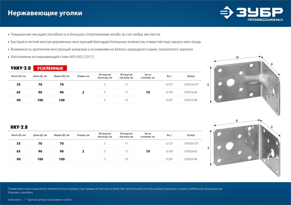 ЗУБР  НКУ-2.0, 90 x 100 x 100 x 2 мм, нержавеющий крепежный уголок, Профессионал (310526-90) 310526-90