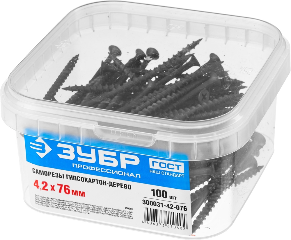ЗУБР  СГД, 76 х 4.2 мм, фосфатированное покрытие, 100 шт, саморез гипсокартон-дерево, Профессионал (300031-42-076) 300031-42-076