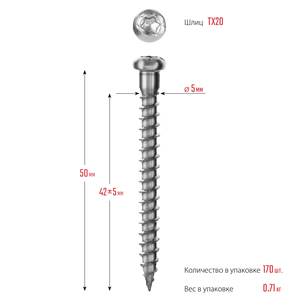 ЗУБР  СПК, 50 х 5 мм, TX20, цинк, 170 шт, саморез для перфорированного крепежа, Профессионал (30061-50-50) 30061-50-50