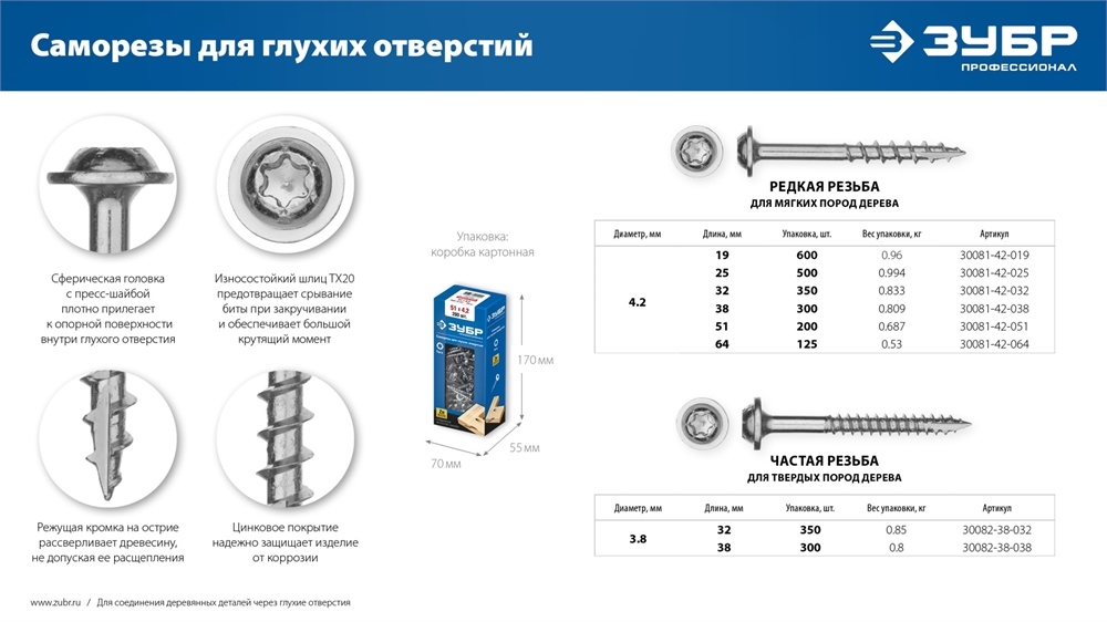 ЗУБР  32 х 4.2 мм, редкая резьба, цинк, 350 шт, саморез для глухих отверстий, Профессионал (30081-42-032) 30081-42-032