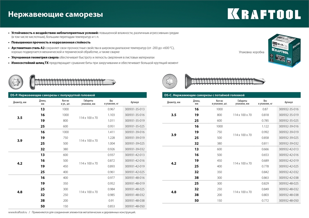 KRAFTOOL  DS-P, 16 х 4.2 мм, А2, сверло, полукруглая головка, ТХ20, 500 шт, саморез нержавеющий (300931-42-016) 300931-42-016