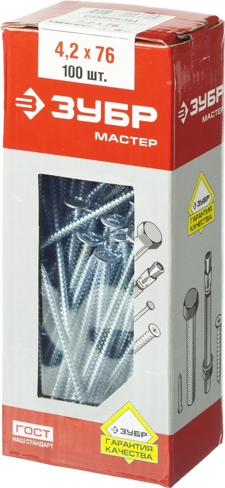 ЗУБР  ПШМ, 76 х 4.2 мм, цинк, 100 шт, саморез c пресс-шайбой (4-300191-42-076) 4-300191-42-076
