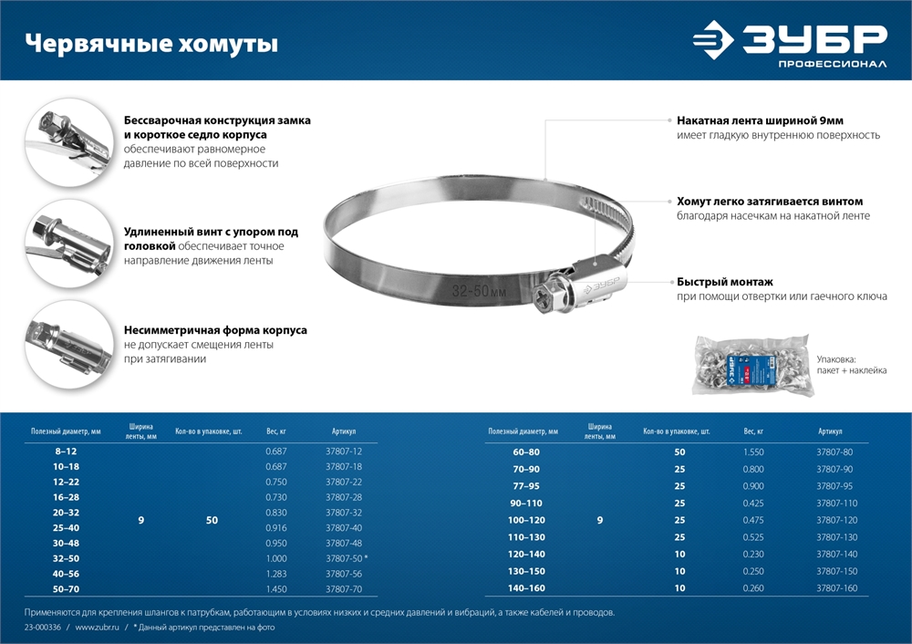 ЗУБР  Х-9Н, 12 - 22 мм, накатная лента 9 мм, цинк, 50 шт, червячный хомут (37807-22) 37807-22