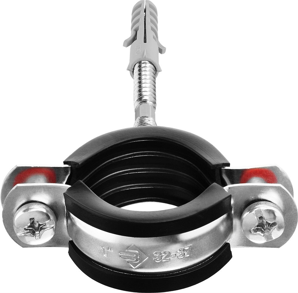 ЗУБР  1″, цинк, 1 шт, трубный хомут с сантехнической шпилькой и дюбелем (37866-32-37) 37866-32-37