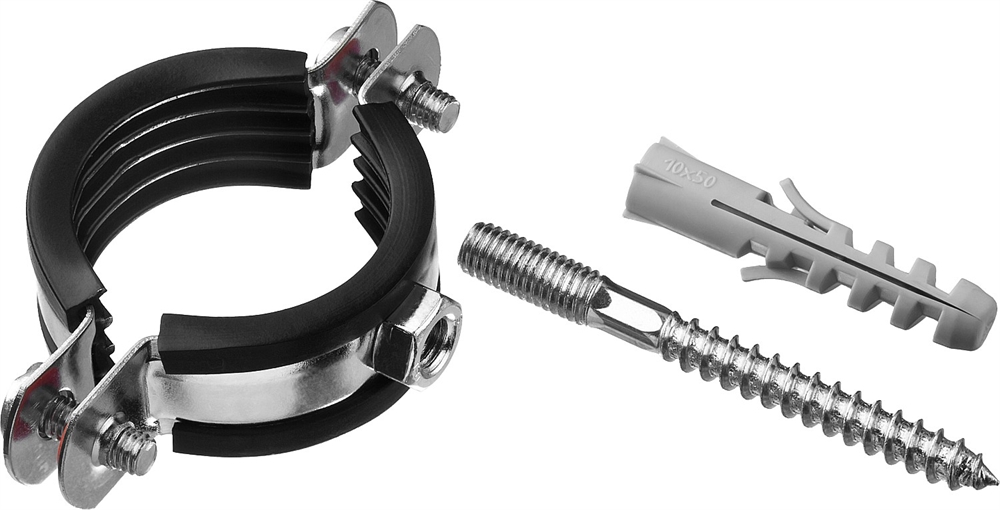 ЗУБР  1 1/4″, цинк, 1 шт, трубный хомут с сантехнической шпилькой и дюбелем (37866-40-45) 37866-40-45