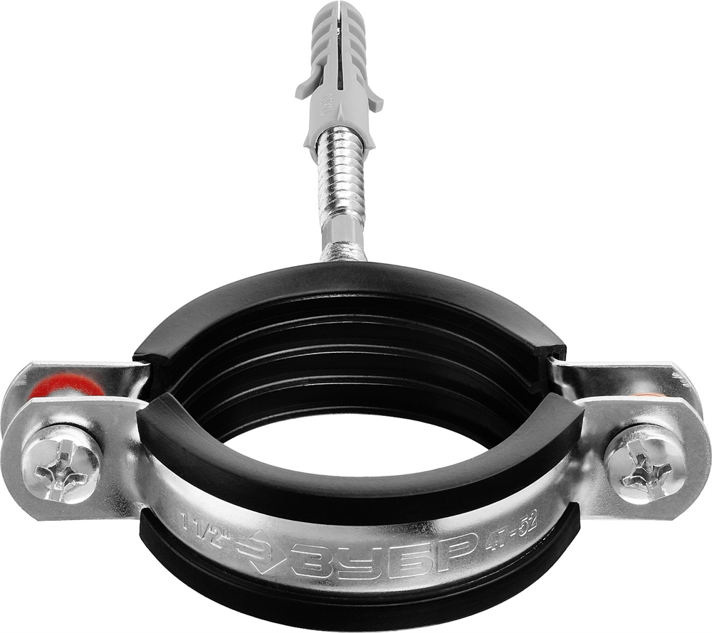 ЗУБР  1 1/2″, цинк, 1 шт, трубный хомут с сантехнической шпилькой и дюбелем (37866-47-52) 37866-47-52