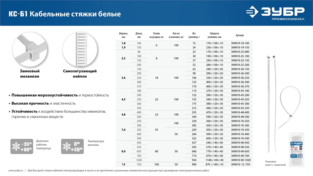 ЗУБР  КС-Б1, 3.6 x 370 мм, нейлон РА66, 100 шт, белые, кабельные стяжки, Профессионал (309010-36-370) 309010-36-370