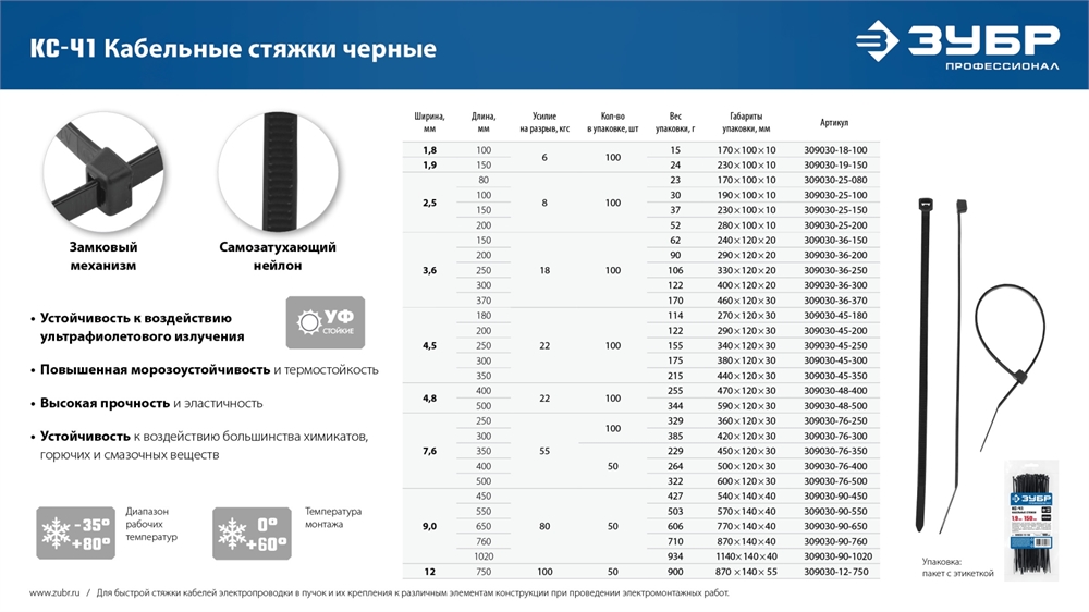 ЗУБР  КС-Ч1, 4.5 x 250 мм, нейлон РА66, 100 шт, черные, кабельные стяжки, Профессионал (309030-45-250) 309030-45-250