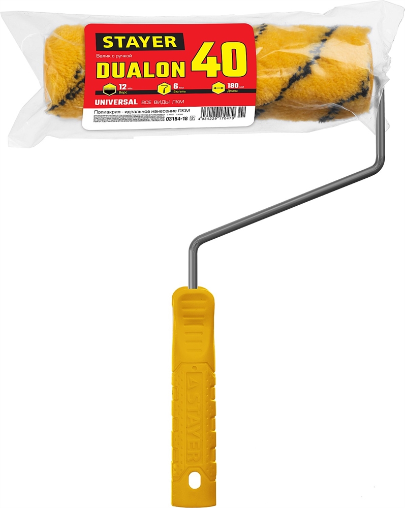 STAYER  DUALON, 40 х 180 мм, бюгель 6 мм, ворс 12 мм, полиакрил, все виды ЛКМ, малярный валик (03184-18) 03184-18_z02