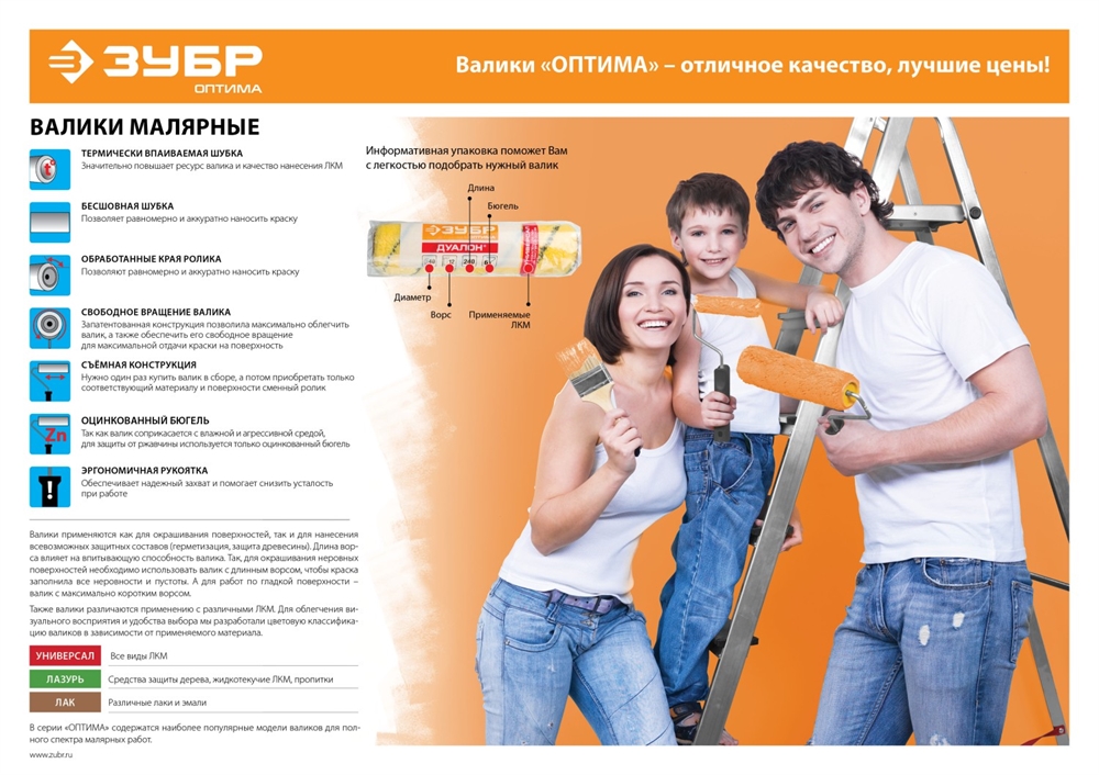 ЗУБР  ОПТИМА-СИНТЕКС, 50 х 240 мм, бюгель 6 мм, ворс 18 мм, полиэстер, все виды ЛКМ, фасадный валик с ручкой (03517-24) 03517-24