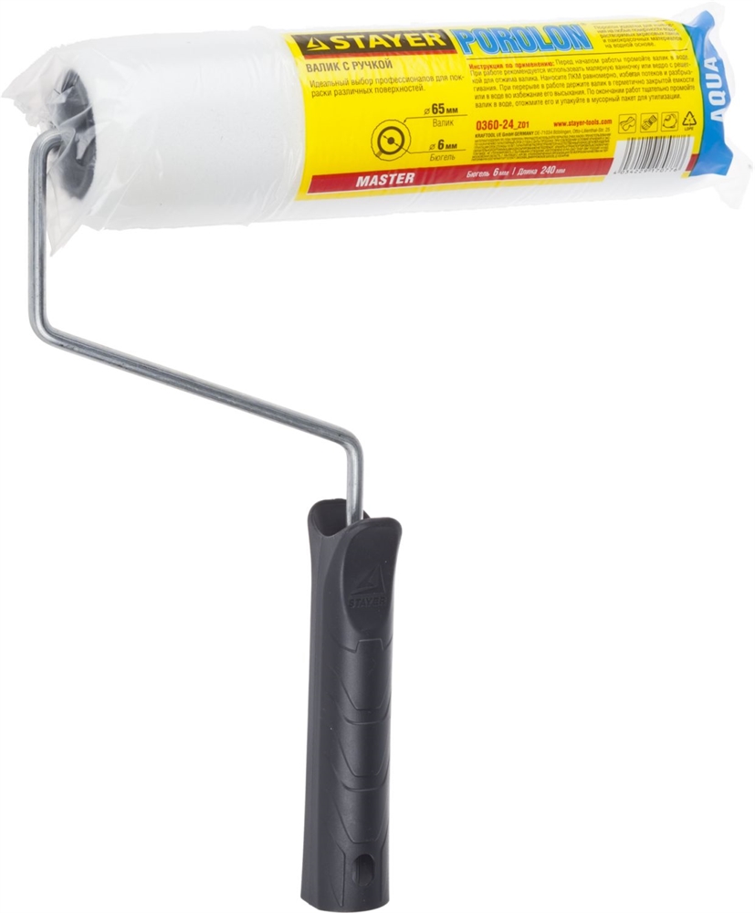 STAYER  ПОРОЛОН, 44 х 240 мм, бюгель 6 мм, ворс 2 мм, для водоэмульсионных, акриловых красок и эмали, малярный валик (0360-24) 0360-24_z01