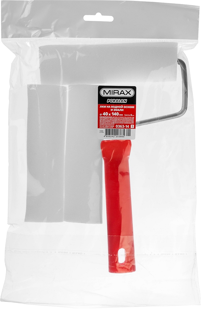 MIRAX  ПОРОЛОН, 40 х 140 мм, бюгель 6 мм, 3 шубки + ручка, для водорастворимых ЛКМ, малярный валик в наборе (0363-14) 0363-14_z01