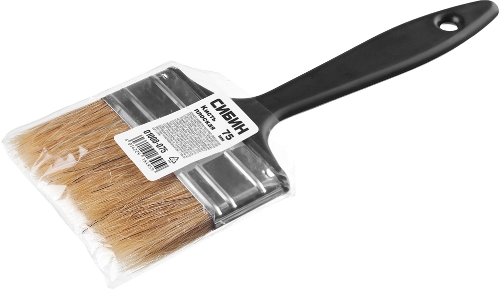 СИБИН  75 мм, 3″, светлая смешанная щетина, пластиковая ручка, все виды ЛКМ, плоская кисть (01008-075) 01008-075