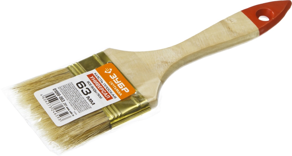 ЗУБР  УНИВЕРСАЛ, 63 мм, 2.5″, светлая натуральная щетина деревянная ручка, плоская кисть (01099-063) 01099-063_z01