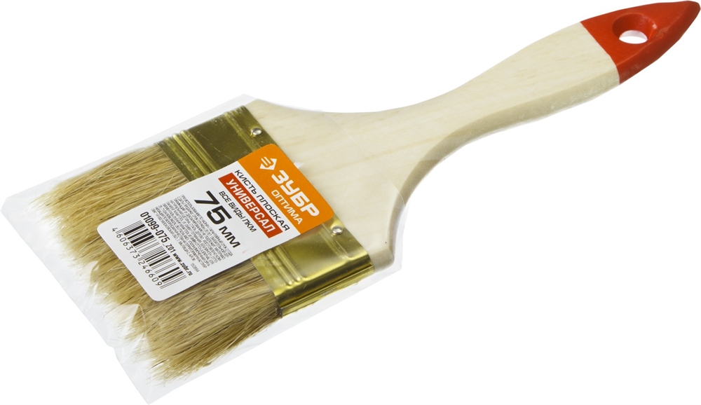 ЗУБР  75 мм, 3″, светлая натуральная щетина, деревянная ручка, плоская кисть (01099-075) 01099-075_z01