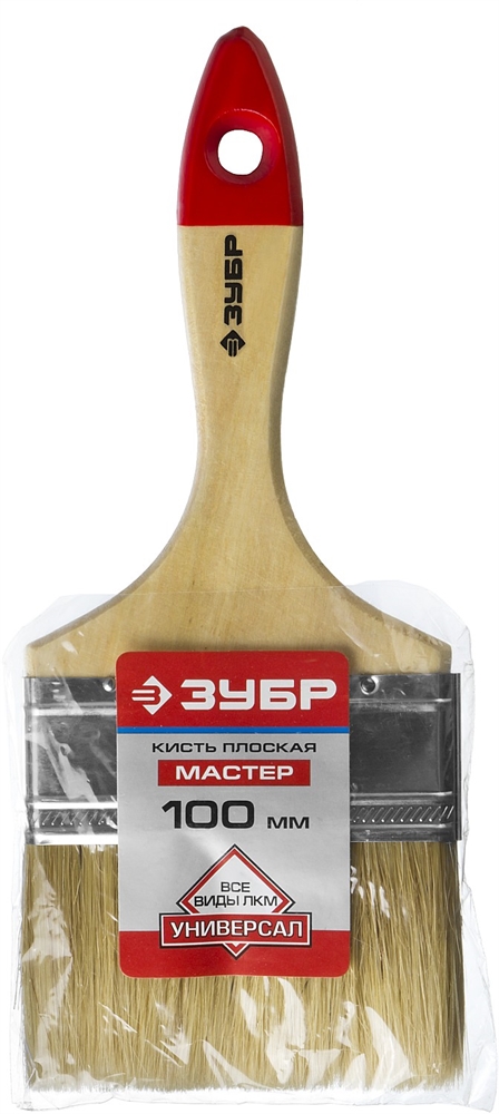 ЗУБР  УНИВЕРСАЛ, 100 мм, 4″, светлая натуральная щетина, деревянная ручка, все виды ЛКМ, плоская кисть (4-01003-100) 4-01003-100