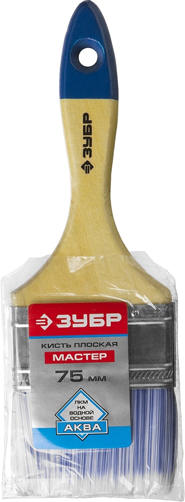 ЗУБР  АКВА, 75 мм, 3″, светлая искусственная щетина, деревянная ручка, для воднодисперсионных и акриловых ЛКМ, плоская кисть (4-01007-075) 4-01007-075