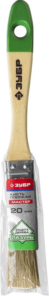 ЗУБР  ЛАЗУРЬ, 20 мм, 3/4″, светлая смешанная щетина, деревянная ручка, для высокотекучих ЛКМ, плоская кисть (4-01009-020) 4-01009-020