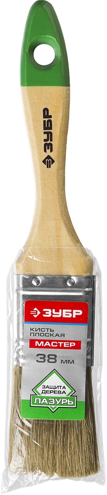 ЗУБР  ЛАЗУРЬ, 38 мм, 1.5″, светлая смешанная щетина, деревянная ручка, для высокотекучих ЛКМ, плоская кисть (4-01009-038) 4-01009-038