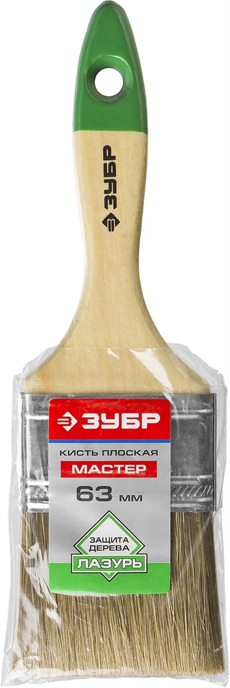 ЗУБР  ЛАЗУРЬ, 63 мм, 2.5″, светлая смешанная щетина, деревянная ручка, плоская кисть (4-01009-063) 4-01009-063