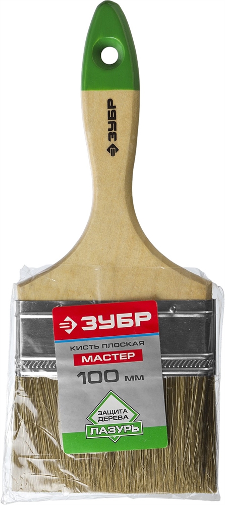 ЗУБР  ЛАЗУРЬ, 100 мм, 4″, светлая смешанная щетина, деревянная ручка, плоская кисть (4-01009-100) 4-01009-100