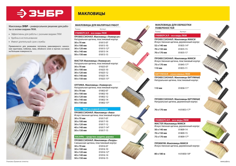 ЗУБР  70 х 150 мм, искусственная щетина, деревянный корпус, все виды ЛКМ, макловица (01809-15) 01809-15