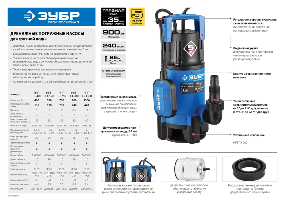 ЗУБР  750 Вт, дренажный насос для грязной воды, Профессионал (НПГ-Т3-750) НПГ-Т3-750