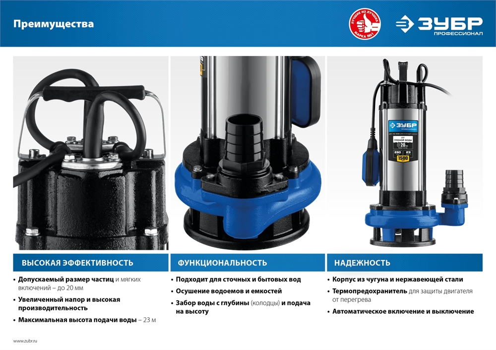 ЗУБР  1500 Вт, дренажный насос с большим напором для грязной воды, Профессионал (НПГ-Т5-1500) НПГ-Т5-1500