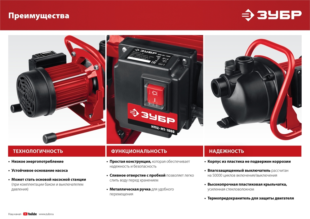 ЗУБР  800 Вт, поверхностный (садовый) центробежный насос (НПЦ-М1-800) НПЦ-М1-800